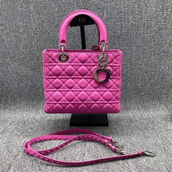 100% Authentic Dior Lady Lambskin Pink Leather Medium Satchel Bag